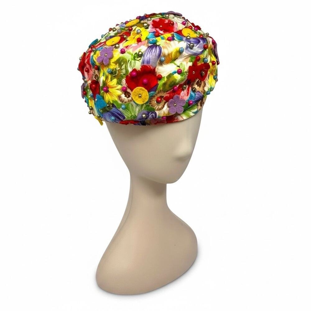 Vintage 1960s Womens Floral Mod Hat Beaded Applique Rozanne NY